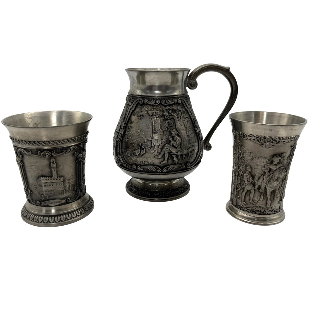 SKS WMF Zinn Pewter Pitcher and Cups Set Unisex OS Silver German Relief Art